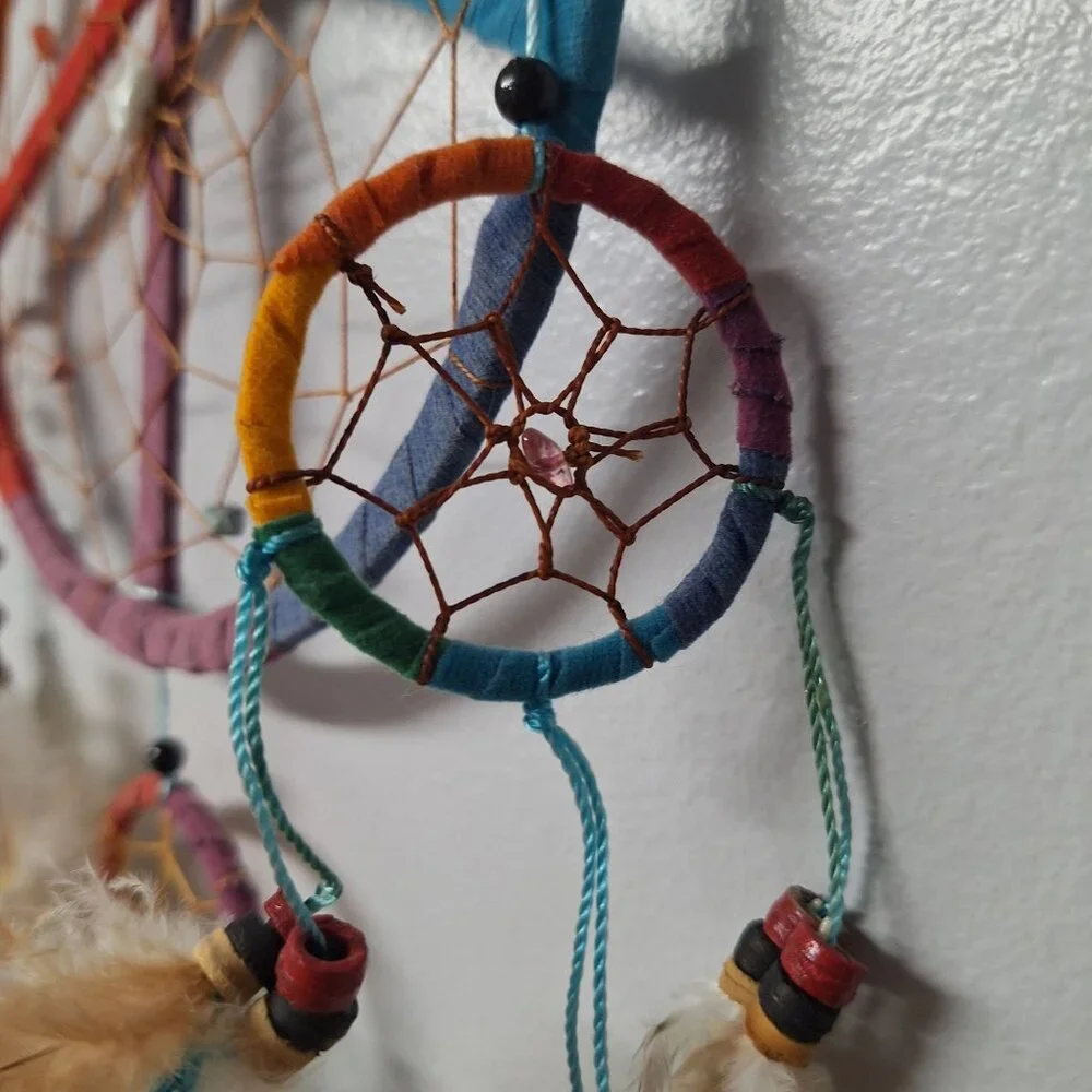 Peace Sign Rainbow Dreamcatcher Feathers Beads Handmade Boho Native Traditions‎
